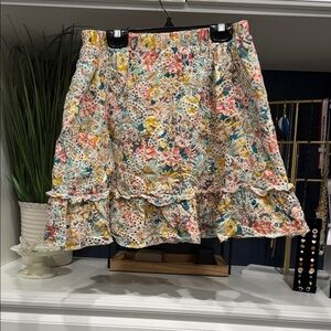 Solitaire Floral Eyelet Ruffle Mini Skirt - Coral, Yellow, Teal size large